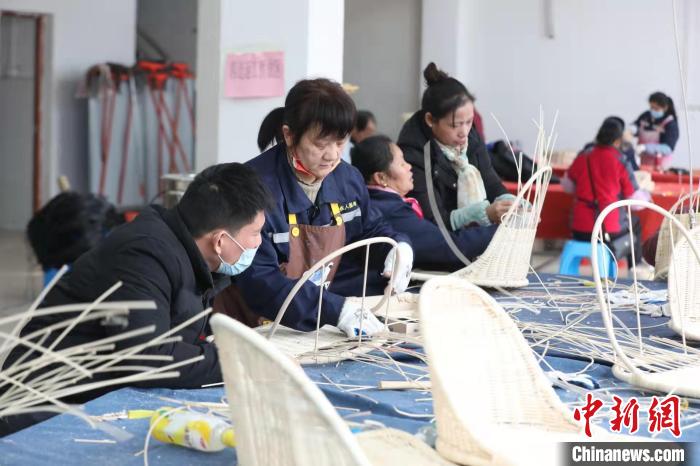 图为江川残疾人集中就业基地，工人编织藤椅。　龚普康 摄