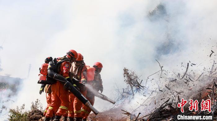 图为3月2日，云南森林草原火灾应急处置联合实战演练中常规装备灭火。　云南省森林消防总队 摄