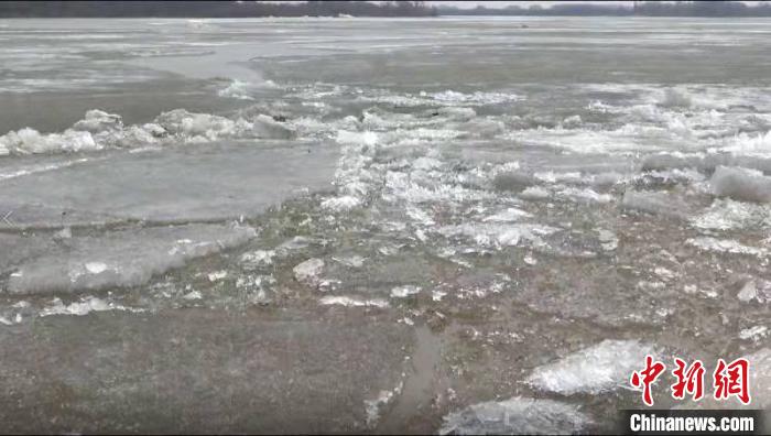 中俄界江乌苏里江虎林段开江冰排拍岸卷起千堆雪