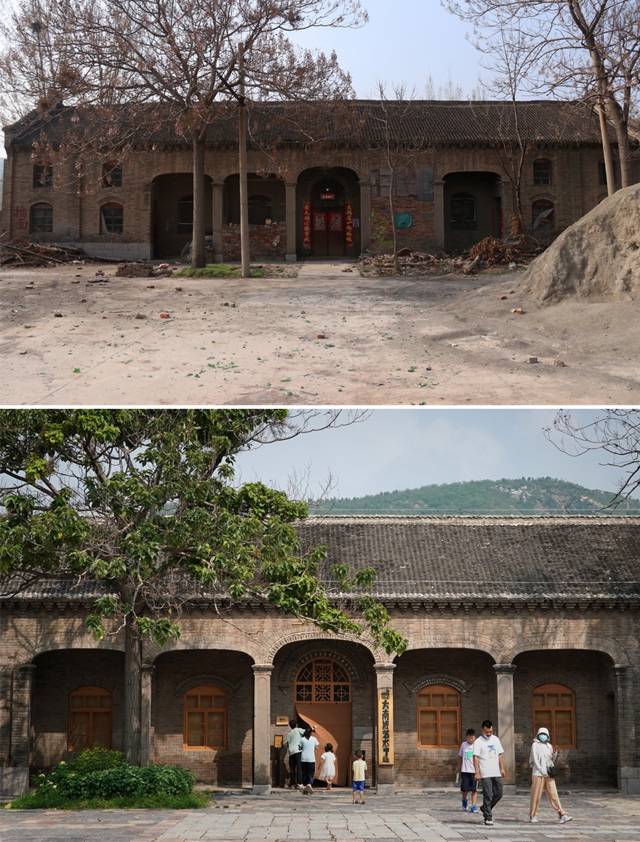 拼版照片：上图为大南坡村改造前的老建筑（资料照片）；下图为游客进入改造后的大南坡艺术中心参观（新华社记者李安7月31日摄）。新华社发