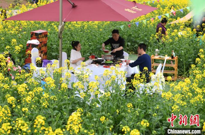 重庆：市民油菜花海品火锅享受惬意生活