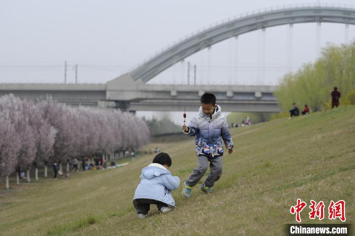 图为孩童在河堤路玩耍。　高铖 摄
