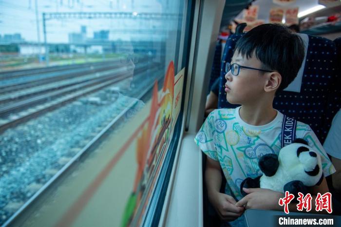 列车启动后，回香港的郭姓小朋友怀抱着“熊猫”望着窗外。　刘忠俊　摄