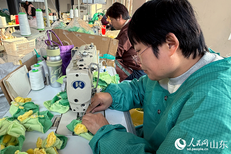在“逗你玩”工坊内，一名村民正熟练地操作缝纫机制作布艺玩具。人民网记者 刘祺摄